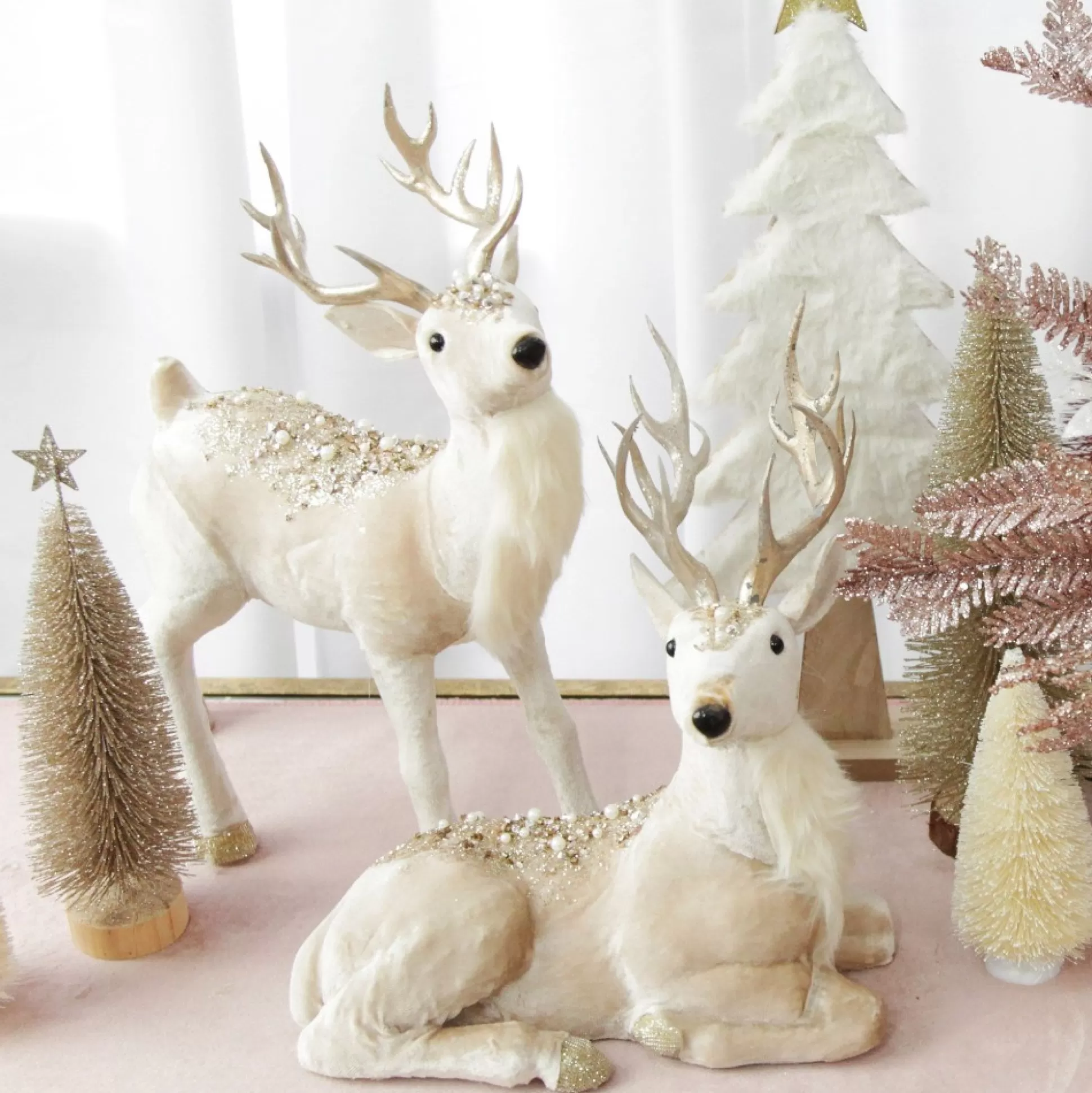 Velvet Pink Deer with Jewels - Standing with Head Back Christmas Birds And Animals |
