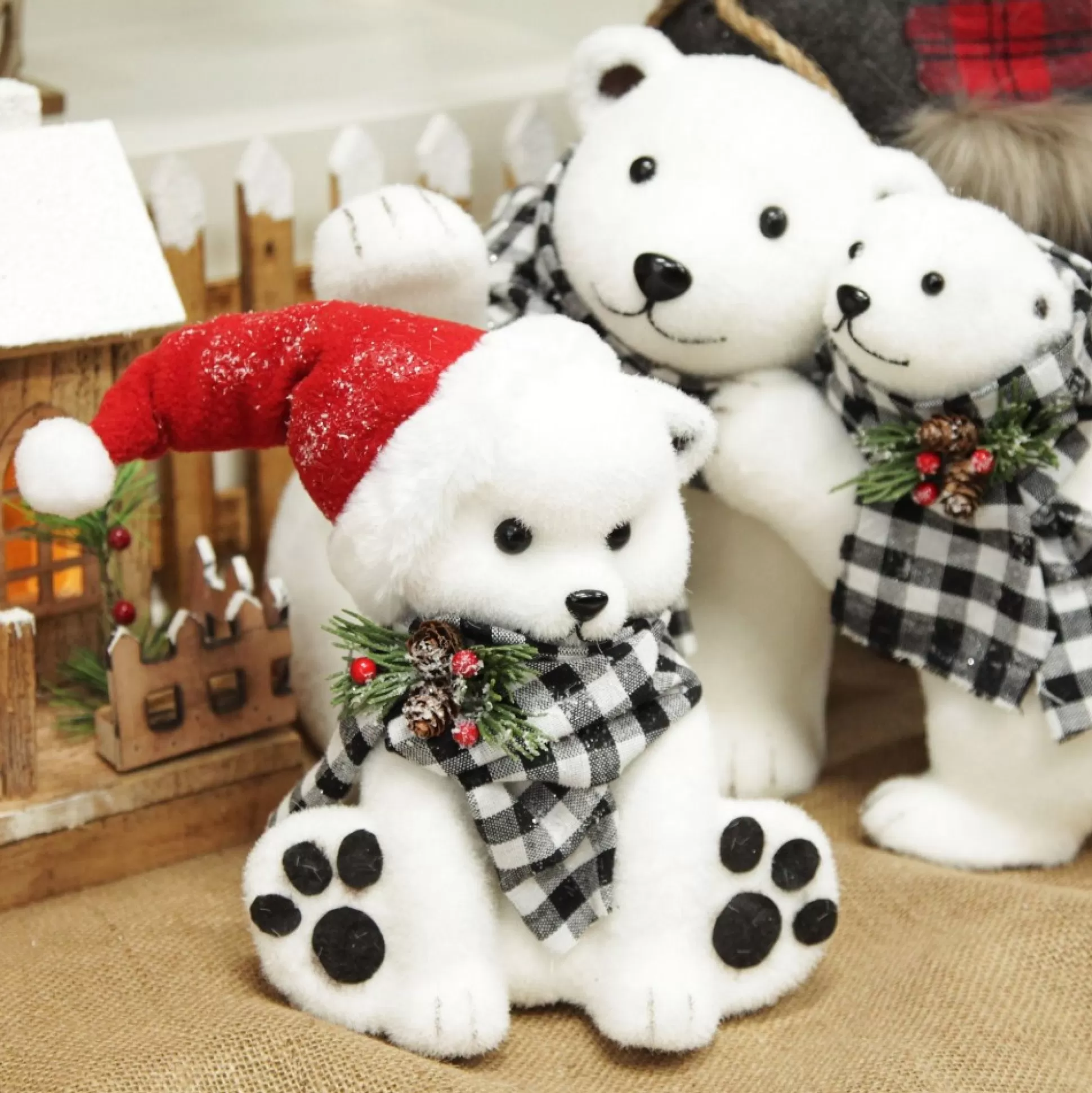 White Boy Polar Bear Cub Sitting with Santa Hat Christmas Birds And Animals |