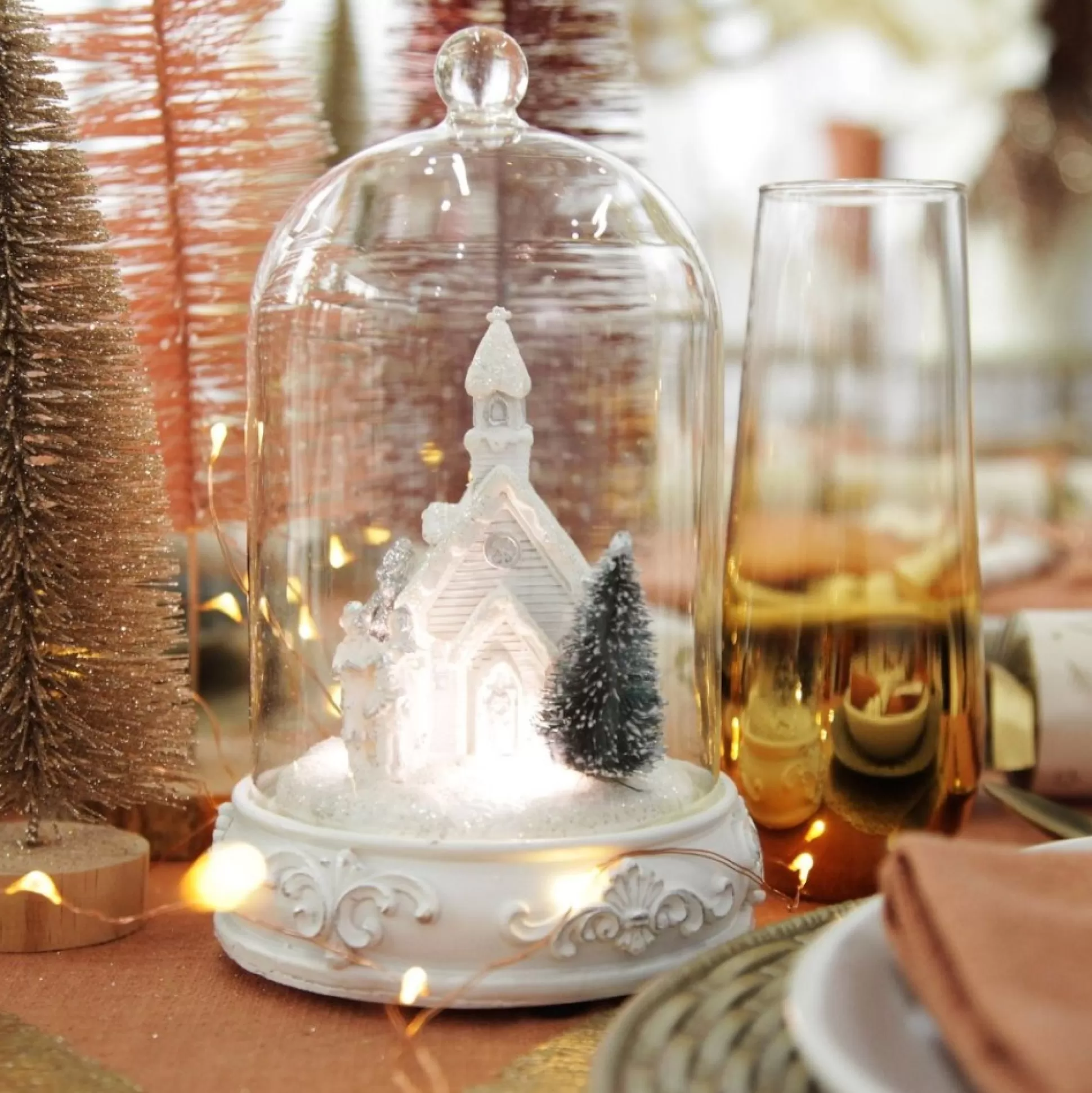 White Church in Glass Cloche Lightup Ornament Light-Up Scenes And Ornaments |