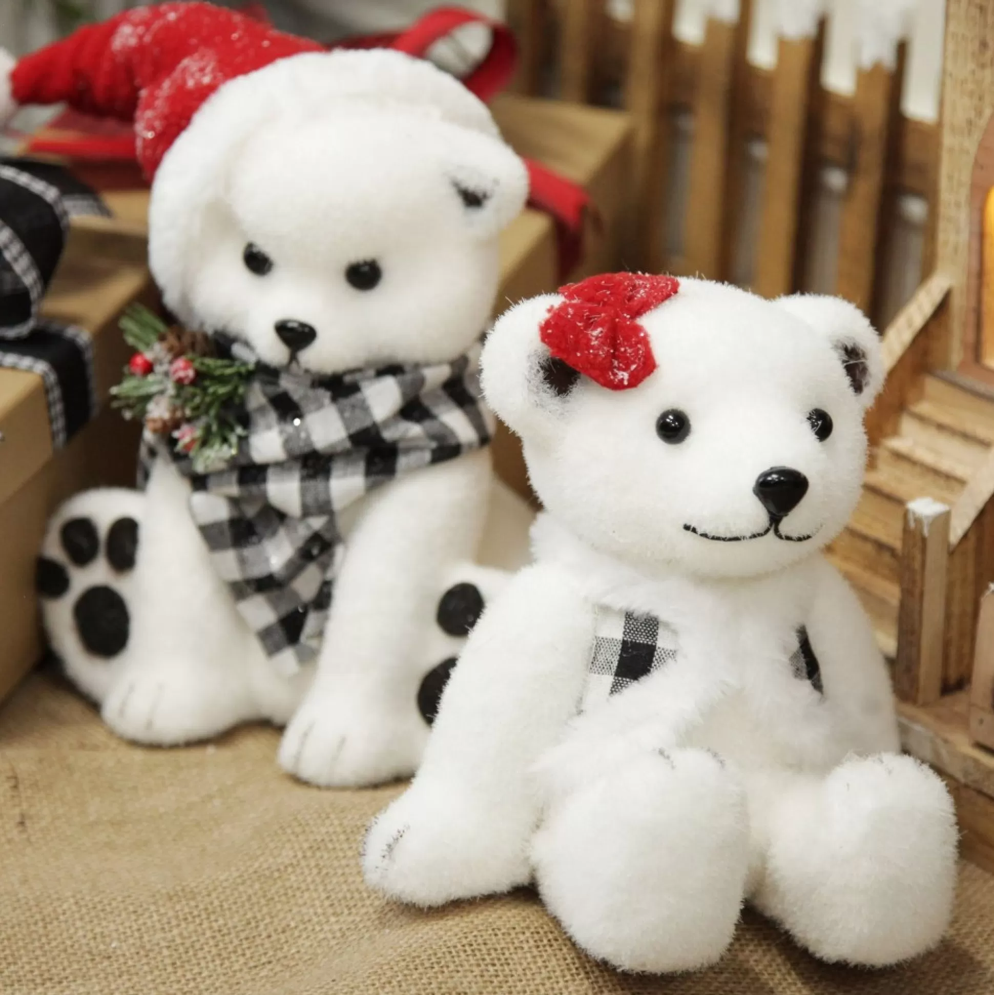 White Girl Polar Bear Cub Sitting with Red Bow Christmas Birds And Animals |
