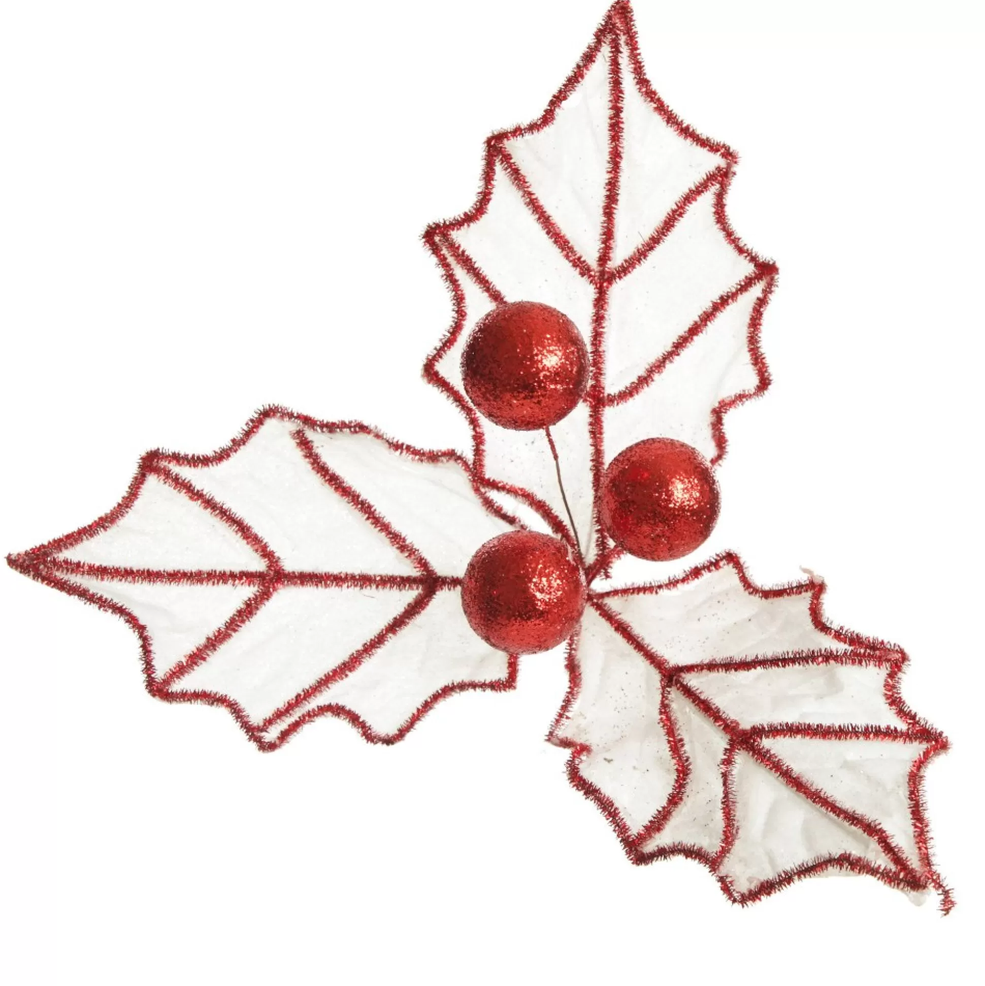 White Glitter Holly Leaf Stem with Red Tinsel Trim Christmas Flowers |