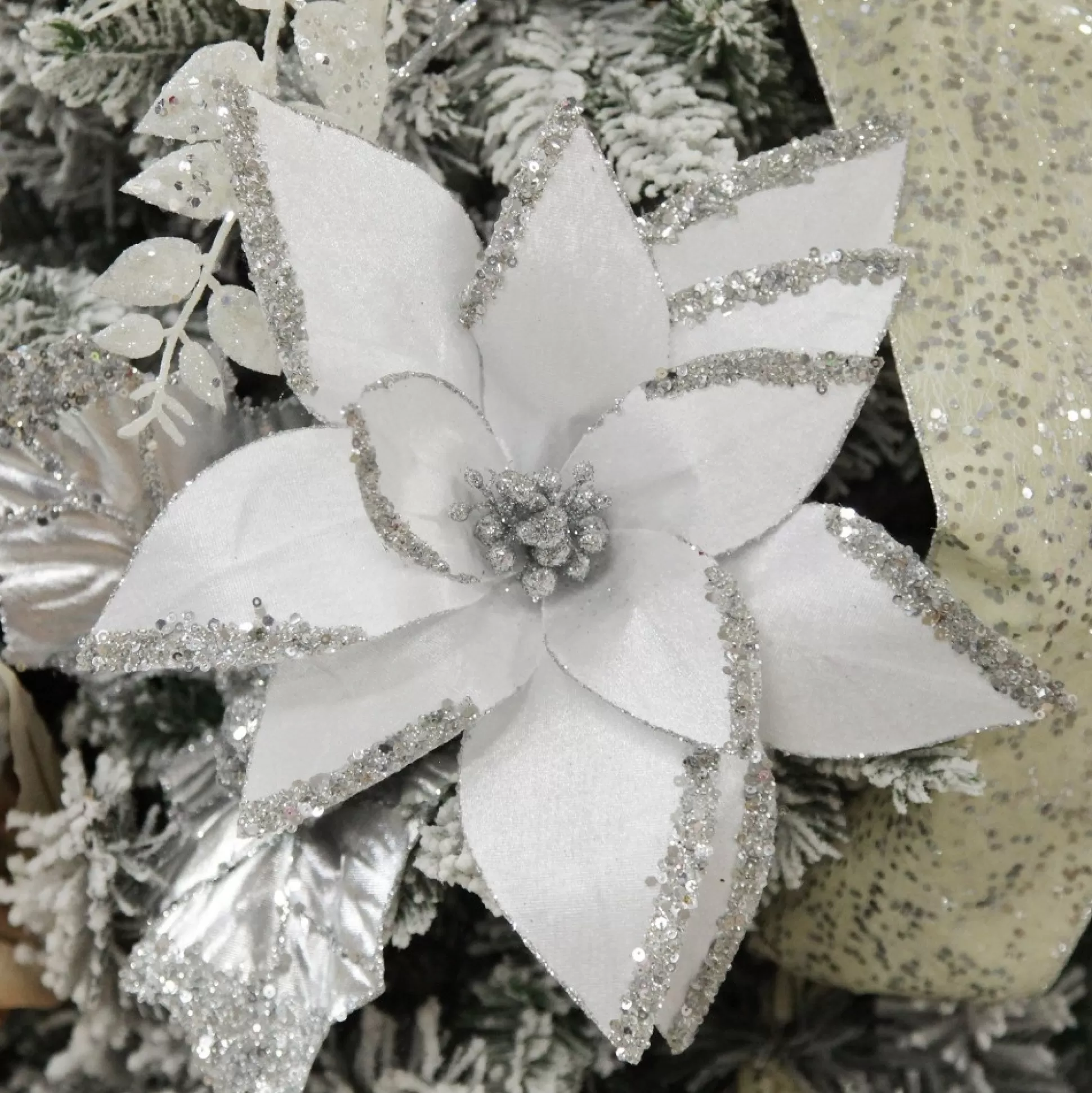 White Satin Flower Stem with Silver Sequin Tips Christmas Flowers |