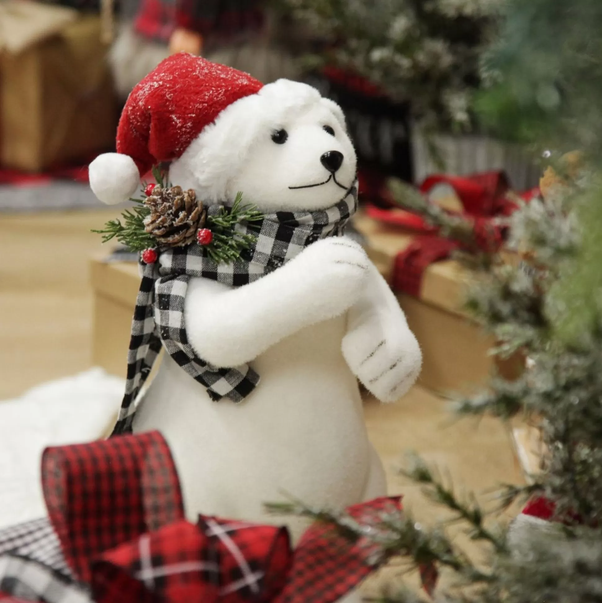 White Standing Polar Bear with Santa Hat Christmas Birds And Animals |