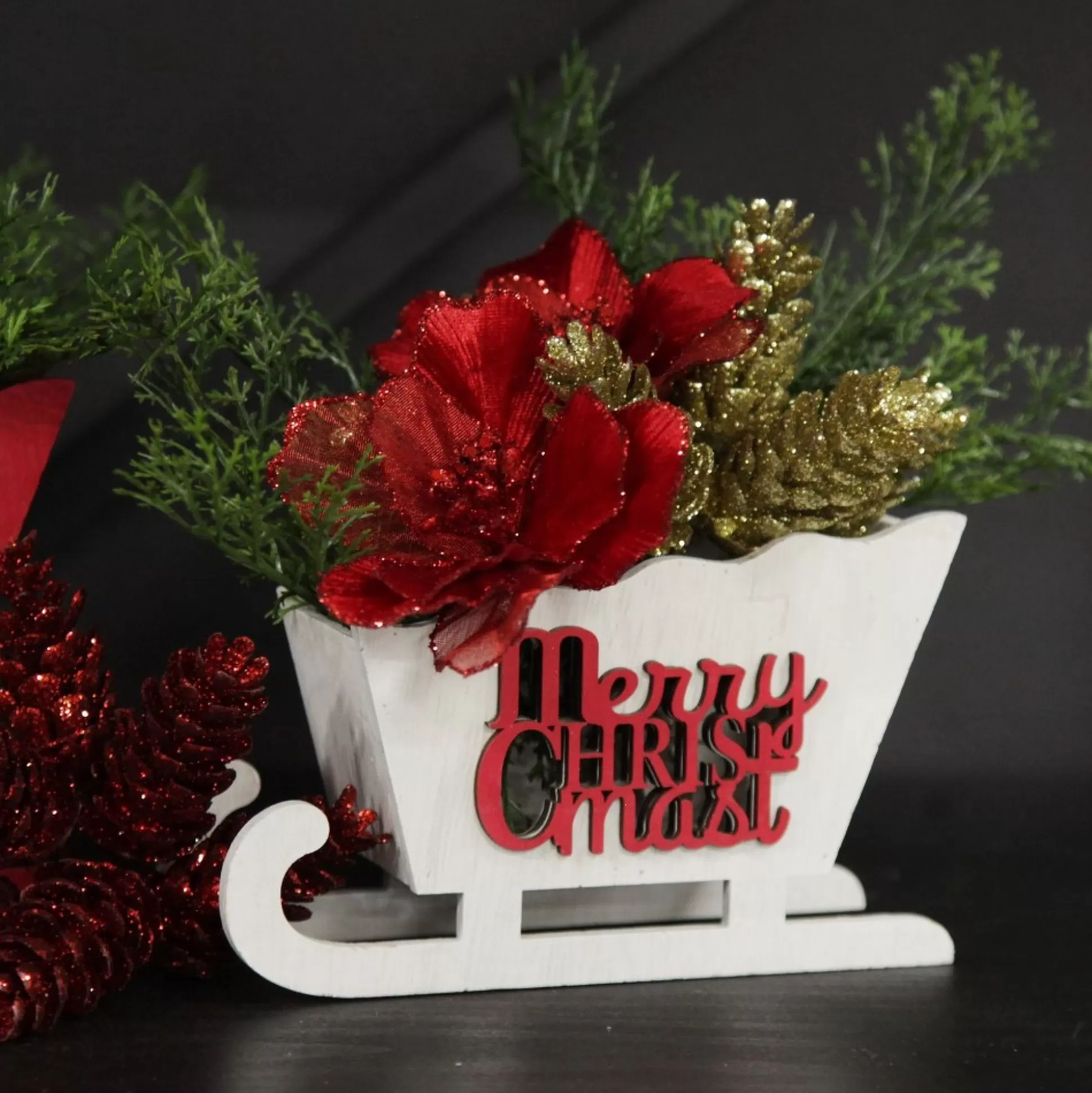 White Wooden Sleigh with Merry Christmas Christmas Ornaments |
